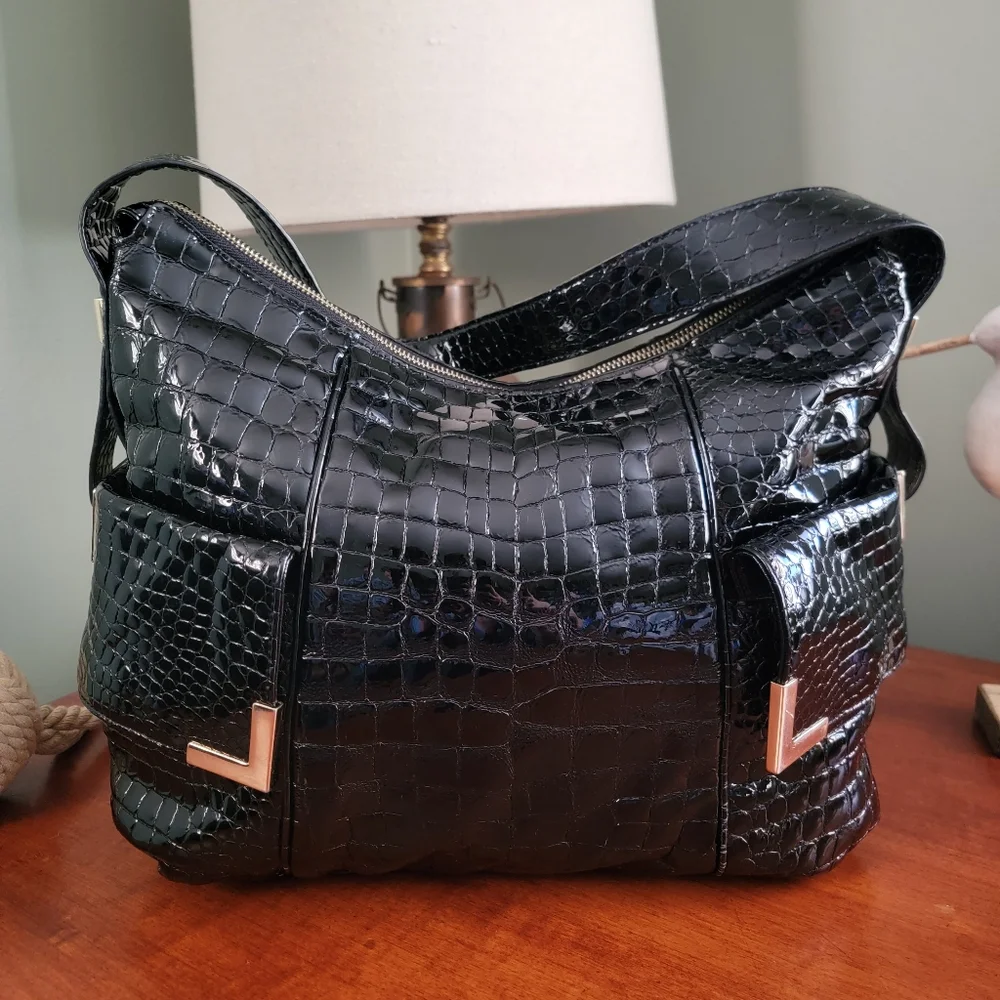 MICHAEL Michael Kors Croc Embossed Black Patent Leather Hobo Bag Y2K